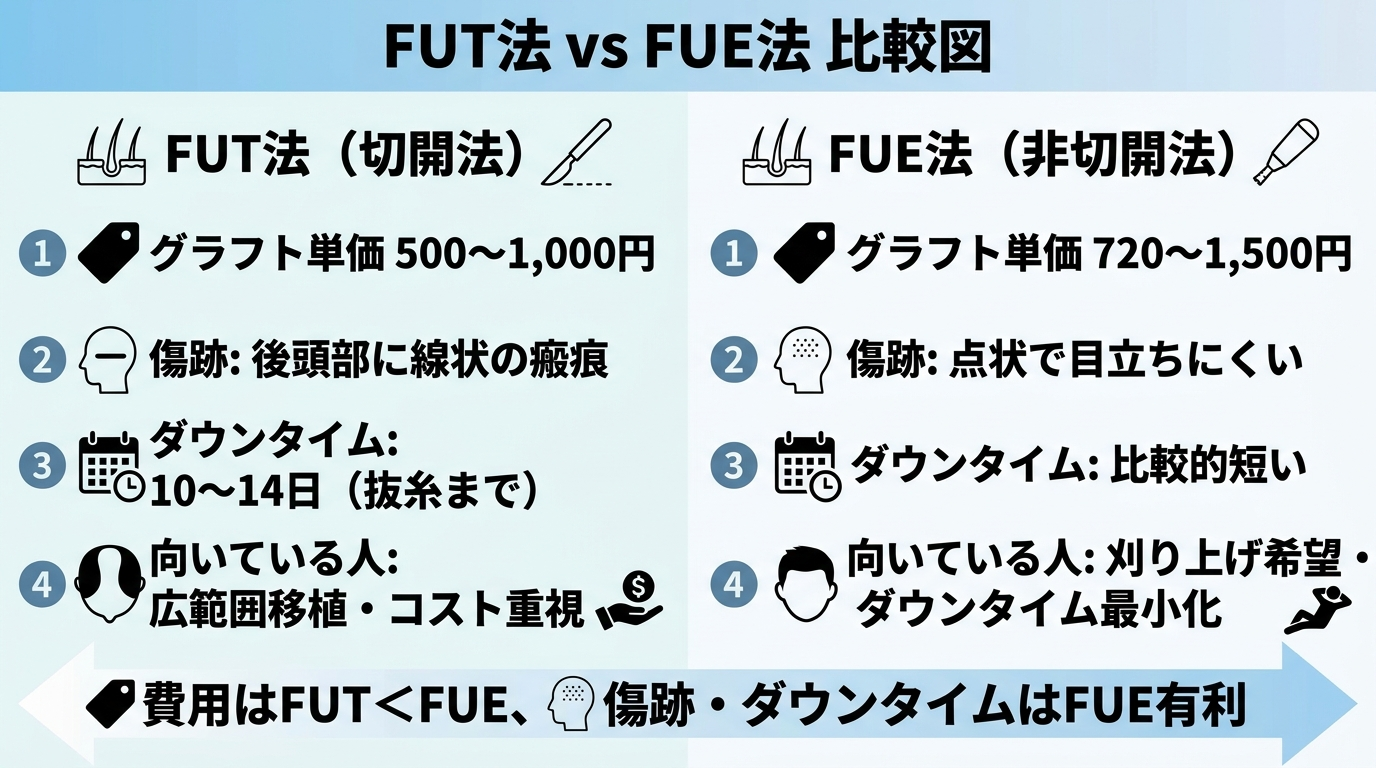 タイトル: FUT法 vs FUE法 比較図。左右2カラム構成。左カラム「FUT法(切開法)」: グラフト単価500〜1,000円、傷跡: 後頭部に線状の瘢痕、ダウンタイム: 10〜14日(抜糸まで)、向いている人: 広範囲移植・コスト重視。右カラム「FUE法(非切開法)」: グラフト単価720〜1,500円、傷跡: 点状で目立ちにくい、ダウンタイム: 比較的短い、向いている人: 刈り上げ希望・ダウンタイム最小化。下部に矢印で「費用はFUT<FUE、傷跡・ダウンタイムはFUE有利」と記載