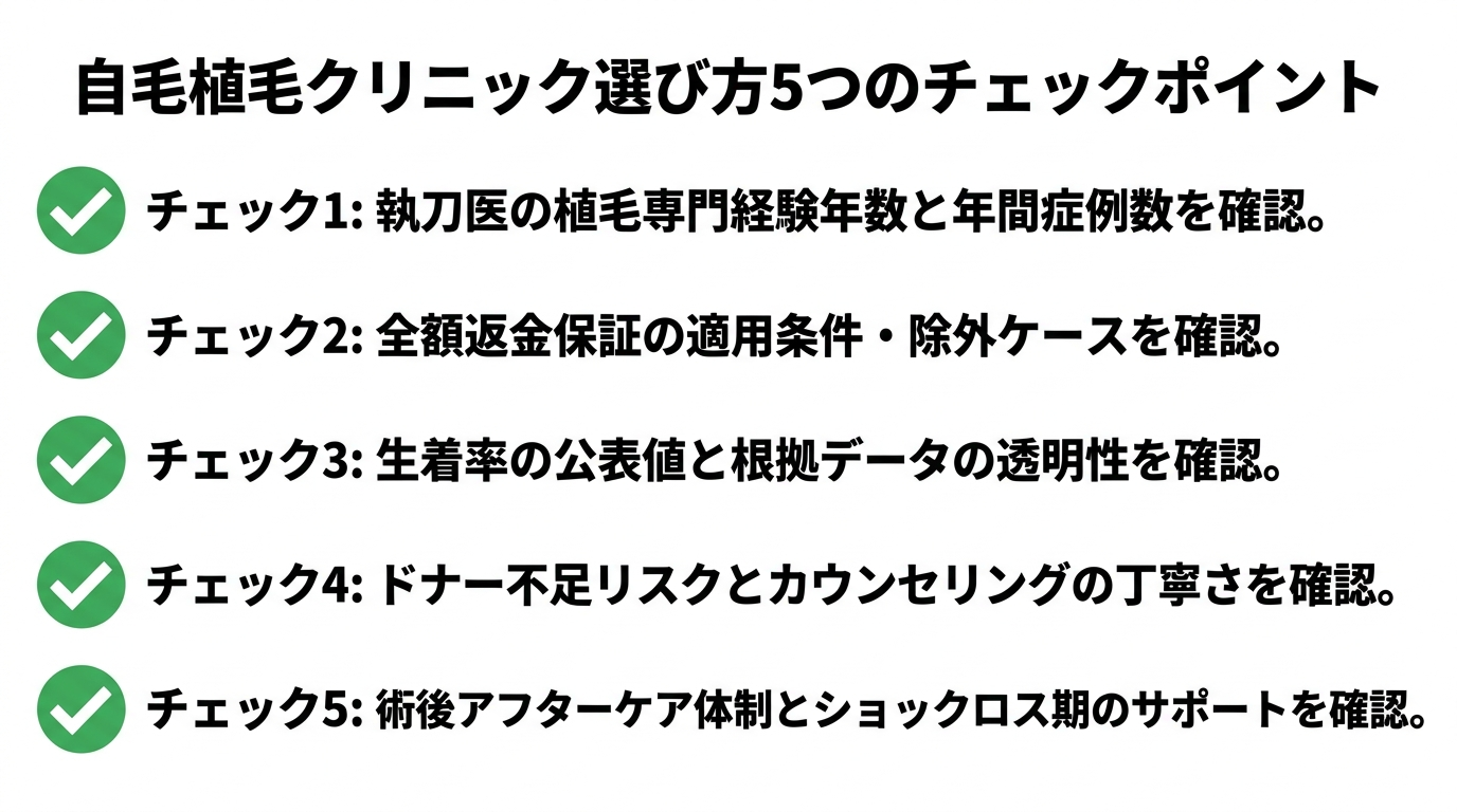 タイトル: 自毛植毛クリニック選び方5つのチェックポイント。縦並び5項目のチェックリスト形式: チェック1: 執刀医の植毛専門経験年数と年間症例数を確認。チェック2: 全額返金保証の適用条件・除外ケースを確認。チェック3: 生着率の公表値と根拠データの透明性を確認。チェック4: ドナー不足リスクとカウンセリングの丁寧さを確認。チェック5: 術後アフターケア体制とショックロス期のサポートを確認。背景はホワイト、チェックマークはグリーン