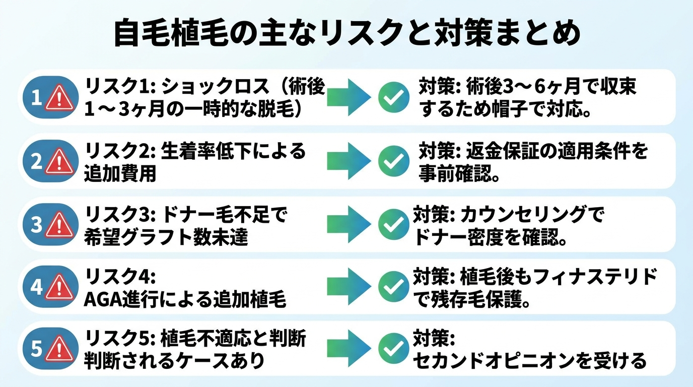 タイトル: 自毛植毛の主なリスクと対策まとめ。5行のリスト形式: リスク1: ショックロス(術後1〜3ヶ月の一時的な脱毛)→対策: 術後3〜6ヶ月で収束するため帽子で対応。リスク2: 生着率低下による追加費用→対策: 返金保証の適用条件を事前確認。リスク3: ドナー毛不足で希望グラフト数未達→対策: カウンセリングでドナー密度を確認。リスク4: AGA進行による追加植毛→対策: 植毛後もフィナステリドで残存毛保護。リスク5: 植毛不適応と判断されるケースあり→対策: セカンドオピニオンを受ける