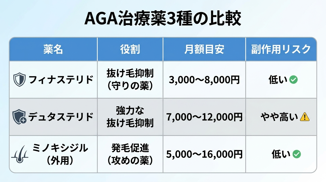 タイトル: AGA治療薬3種の比較。4列の表: ヘッダー行: 薬名 | 役割 | 月額目安 | 副作用リスク。行1: フィナステリド | 抜け毛抑制（守りの薬） | 3,000〜8,000円 | 低い。行2: デュタステリド | 強力な抜け毛抑制 | 7,000〜12,000円 | やや高い。行3: ミノキシジル（外用） | 発毛促進（攻めの薬） | 5,000〜16,000円 | 低い