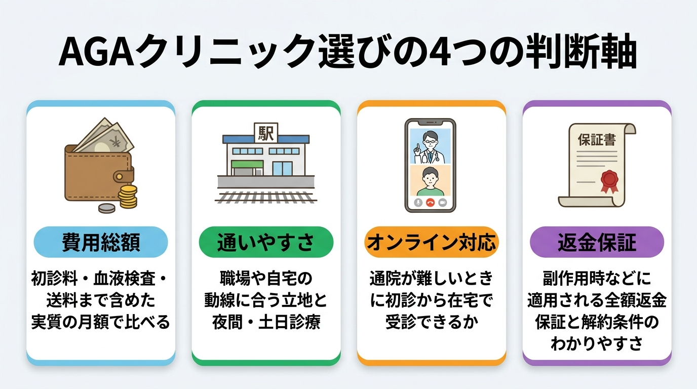 タイトル: AGAクリニック選びの4つの判断軸。横並び4カードで: カード1(財布のアイコン)ヘッダー: 費用総額、説明: 初診料・血液検査・送料まで含めた実質の月額で比べる。カード2(駅のアイコン)ヘッダー: 通いやすさ、説明: 職場や自宅の動線に合う立地と夜間・土日診療。カード3(スマホのアイコン)ヘッダー: オンライン対応、説明: 通院が難しいときに初診から在宅で受診できるか。カード4(保証書のアイコン)ヘッダー: 返金保証、説明: 副作用時などに適用される全額返金保証と解約条件のわかりやすさ