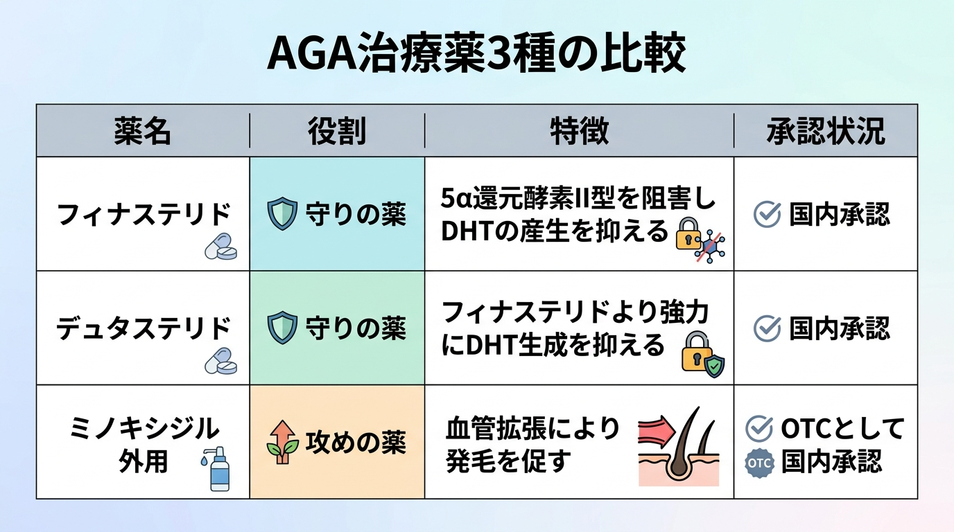 タイトル: AGA治療薬3種の比較。4列の表: ヘッダー行: 薬名 | 役割 | 特徴 | 承認状況。行1: フィナステリド | 守りの薬 | 5α還元酵素II型を阻害しDHTの産生を抑える | 国内承認。行2: デュタステリド | 守りの薬 | フィナステリドより強力にDHT生成を抑える | 国内承認。行3: ミノキシジル外用 | 攻めの薬 | 血管拡張により発毛を促す | OTCとして国内承認