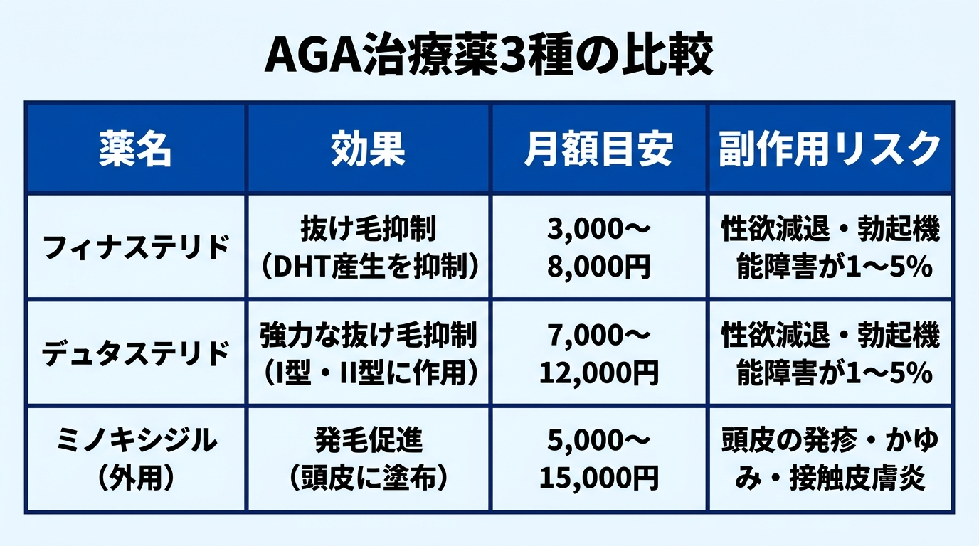 タイトル: AGA治療薬3種の比較。4列の表: ヘッダー行: 薬名 | 効果 | 月額目安 | 副作用リスク。行1: フィナステリド | 抜け毛抑制(DHT産生を抑制) | 3,000〜8,000円 | 性欲減退・勃起機能障害が1〜5%。行2: デュタステリド | 強力な抜け毛抑制(I型・II型に作用) | 7,000〜12,000円 | 性欲減退・勃起機能障害が1〜5%。行3: ミノキシジル(外用) | 発毛促進(頭皮に塗布) | 5,000〜15,000円 | 頭皮の発疹・かゆみ・接触皮膚炎