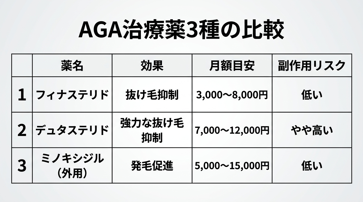 タイトル: AGA治療薬3種の比較。4列の表: ヘッダー行: 薬名 | 効果 | 月額目安 | 副作用リスク。行1: フィナステリド | 抜け毛抑制 | 3,000〜8,000円 | 低い。行2: デュタステリド | 強力な抜け毛抑制 | 7,000〜12,000円 | やや高い。行3: ミノキシジル（外用） | 発毛促進 | 5,000〜15,000円 | 低い