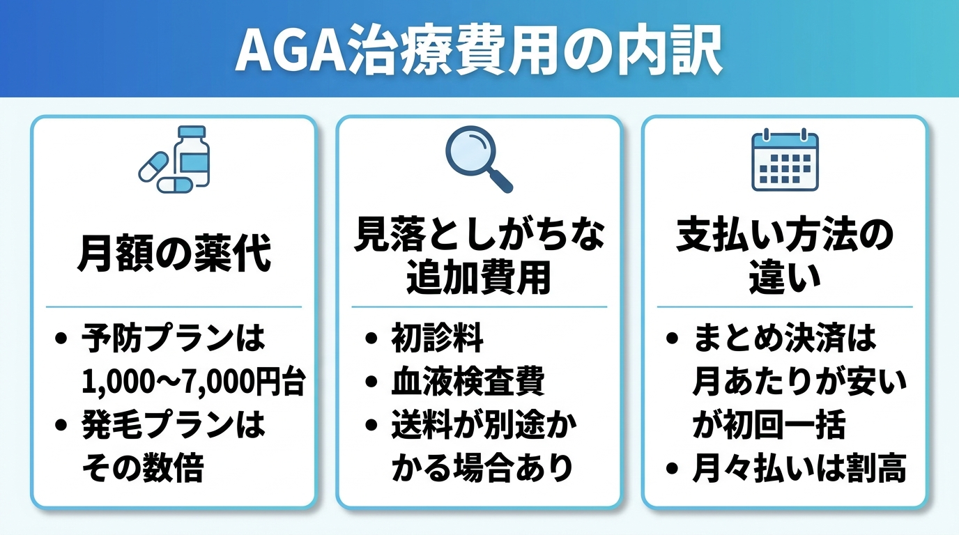 タイトル: AGA治療費用の内訳。横並び3カードで: カード1（薬のアイコン）ヘッダー: 月額の薬代、説明: 予防プランは1,000〜7,000円台、発毛プランはその数倍。カード2（虫眼鏡のアイコン）ヘッダー: 見落としがちな追加費用、説明: 初診料・血液検査費・送料が別途かかる場合あり。カード3（カレンダーのアイコン）ヘッダー: 支払い方法の違い、説明: まとめ決済は月あたりが安いが初回一括、月々払いは割高