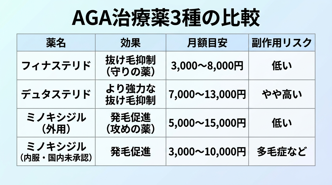 タイトル: AGA治療薬3種の比較。4列の表: ヘッダー行: 薬名 | 効果 | 月額目安 | 副作用リスク。行1: フィナステリド | 抜け毛抑制（守りの薬） | 3,000〜8,000円 | 低い。行2: デュタステリド | より強力な抜け毛抑制 | 7,000〜13,000円 | やや高い。行3: ミノキシジル（外用） | 発毛促進（攻めの薬） | 5,000〜15,000円 | 低い。行4: ミノキシジル（内服・国内未承認） | 発毛促進 | 3,000〜10,000円 | 多毛症など
