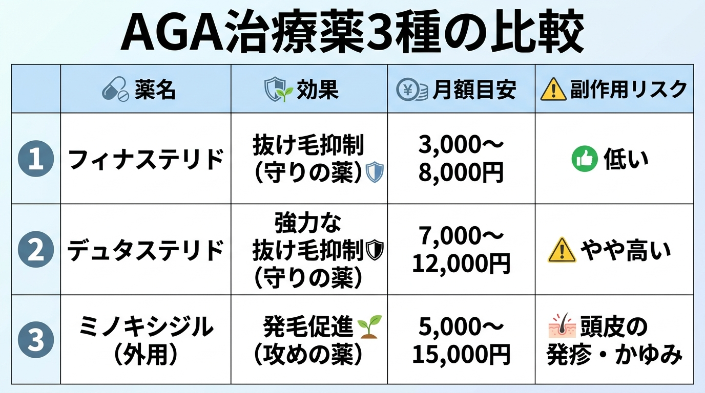 タイトル: AGA治療薬3種の比較。4列の表: ヘッダー行: 薬名 | 効果 | 月額目安 | 副作用リスク。行1: フィナステリド | 抜け毛抑制（守りの薬） | 3,000〜8,000円 | 低い。行2: デュタステリド | 強力な抜け毛抑制（守りの薬） | 7,000〜12,000円 | やや高い。行3: ミノキシジル（外用） | 発毛促進（攻めの薬） | 5,000〜15,000円 | 頭皮の発疹・かゆみ