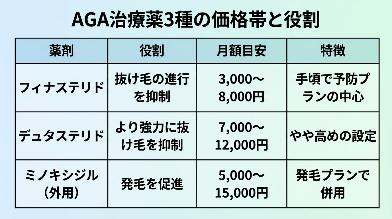 タイトル: AGA治療薬3種の価格帯と役割。4列の表: ヘッダー行: 薬剤 | 役割 | 月額目安 | 特徴。行1: フィナステリド | 抜け毛の進行を抑制 | 3,000〜8,000円 | 手頃で予防プランの中心。行2: デュタステリド | より強力に抜け毛を抑制 | 7,000〜12,000円 | やや高めの設定。行3: ミノキシジル(外用) | 発毛を促進 | 5,000〜15,000円 | 発毛プランで併用