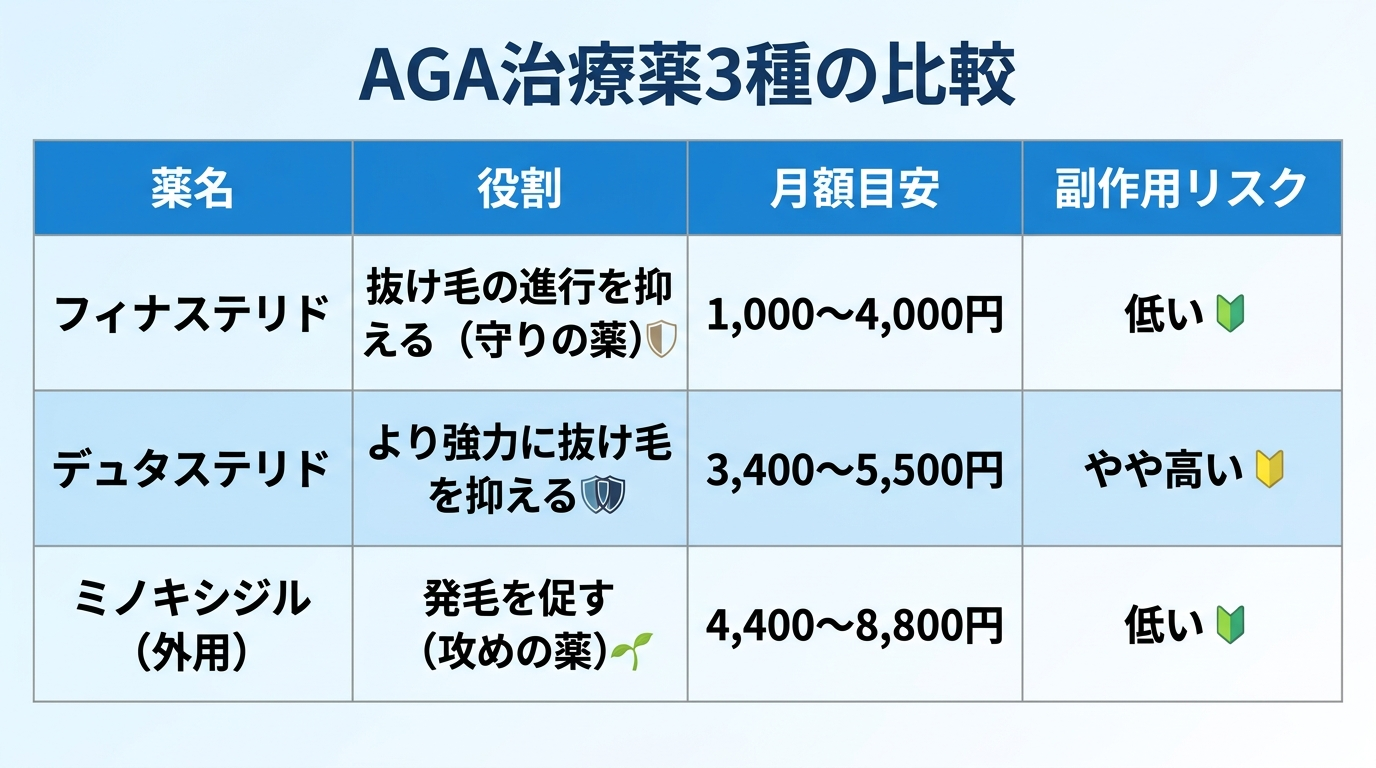 タイトル: AGA治療薬3種の比較。4列の表: ヘッダー行: 薬名 | 役割 | 月額目安 | 副作用リスク。行1: フィナステリド | 抜け毛の進行を抑える(守りの薬) | 1,000〜4,000円 | 低い。行2: デュタステリド | より強力に抜け毛を抑える | 3,400〜5,500円 | やや高い。行3: ミノキシジル(外用) | 発毛を促す(攻めの薬) | 4,400〜8,800円 | 低い
