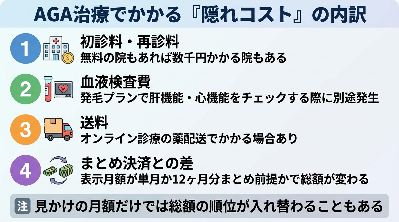 タイトル: AGA治療でかかる『隠れコスト』の内訳。縦並び4項目のリスト: 1. 初診料・再診料（無料の院もあれば数千円かかる院もある）。2. 血液検査費（発毛プランで肝機能・心機能をチェックする際に別途発生）。3. 送料（オンライン診療の薬配送でかかる場合あり）。4. まとめ決済との差（表示月額が単月か12ヶ月分まとめ前提かで総額が変わる）。下部注記: 見かけの月額だけでは総額の順位が入れ替わることもある