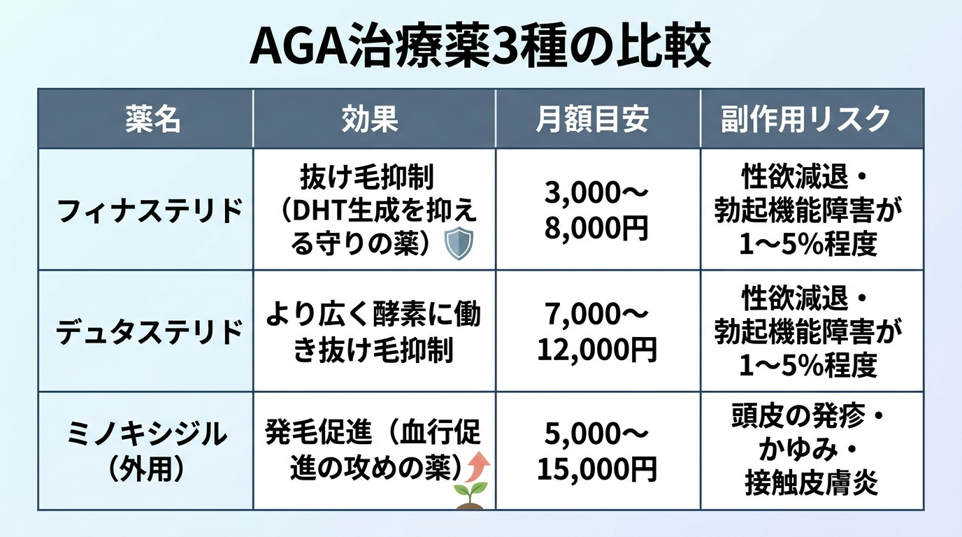 タイトル: AGA治療薬3種の比較。4列の表: ヘッダー行: 薬名 | 効果 | 月額目安 | 副作用リスク。行1: フィナステリド | 抜け毛抑制（DHT生成を抑える守りの薬） | 3,000〜8,000円 | 性欲減退・勃起機能障害が1〜5%程度。行2: デュタステリド | より広く酵素に働き抜け毛抑制 | 7,000〜12,000円 | 性欲減退・勃起機能障害が1〜5%程度。行3: ミノキシジル（外用） | 発毛促進（血行促進の攻めの薬） | 5,000〜15,000円 | 頭皮の発疹・かゆみ・接触皮膚炎