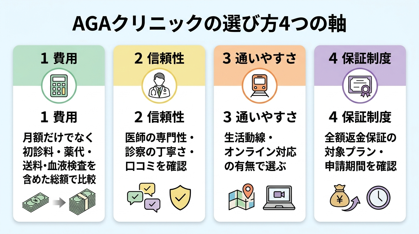 タイトル: AGAクリニックの選び方4つの軸。横並び4カードで: カード1(電卓のアイコン)費用: 月額だけでなく初診料・薬代・送料・血液検査を含めた総額で比較。カード2(医師のアイコン)信頼性: 医師の専門性・診察の丁寧さ・口コミを確認。カード3(電車のアイコン)通いやすさ: 生活動線・オンライン対応の有無で選ぶ。カード4(保証書のアイコン)保証制度: 全額返金保証の対象プラン・申請期間を確認