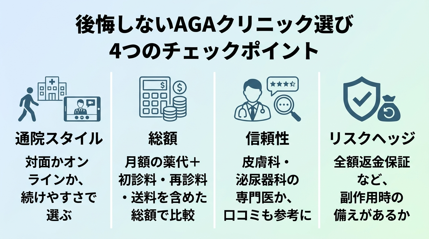 タイトル: 後悔しないAGAクリニック選び 4つのチェックポイント。縦並び4項目のチェックリスト形式。項目1（通院アイコン）通院スタイル: 対面かオンラインか、続けやすさで選ぶ。項目2（電卓アイコン）総額: 月額の薬代＋初診料・再診料・送料を含めた総額で比較。項目3（医師アイコン）信頼性: 皮膚科・泌尿器科の専門医か、口コミも参考に。項目4（盾アイコン）リスクヘッジ: 全額返金保証など、副作用時の備えがあるか