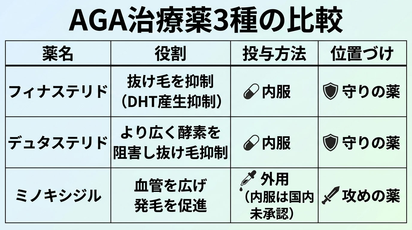 タイトル: AGA治療薬3種の比較。4列の表。ヘッダー行: 薬名 | 役割 | 投与方法 | 位置づけ。行1: フィナステリド | 抜け毛を抑制（DHT産生抑制） | 内服 | 守りの薬。行2: デュタステリド | より広く酵素を阻害し抜け毛抑制 | 内服 | 守りの薬。行3: ミノキシジル | 血管を広げ発毛を促進 | 外用（内服は国内未承認） | 攻めの薬