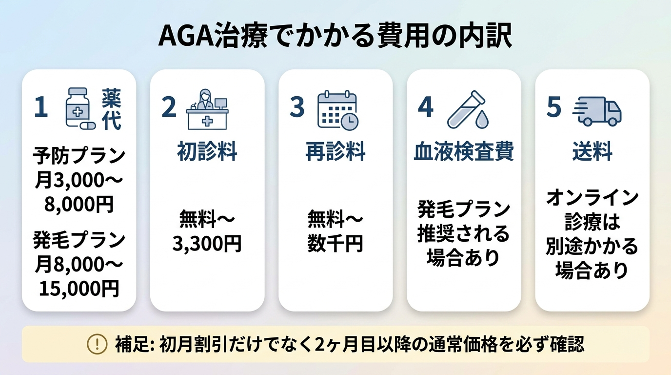 タイトル: AGA治療でかかる費用の内訳。円グラフ風または横並びカードで5項目: 1（薬のアイコン）薬代: 予防プラン月3,000〜8,000円/発毛プラン月8,000〜15,000円。2（受付のアイコン）初診料: 無料〜3,300円。3（カレンダーのアイコン）再診料: 無料〜数千円。4（試験管のアイコン）血液検査費: 発毛プランで推奨される場合あり。5（トラックのアイコン）送料: オンライン診療は別途かかる場合あり。補足: 初月割引だけでなく2ヶ月目以降の通常価格を必ず確認