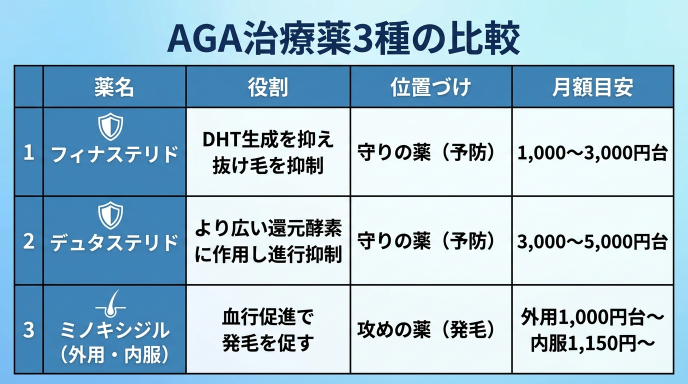 タイトル: AGA治療薬3種の比較。4列の表: ヘッダー行: 薬名 | 役割 | 位置づけ | 月額目安。行1: フィナステリド | DHT生成を抑え抜け毛を抑制 | 守りの薬（予防） | 1,000〜3,000円台。行2: デュタステリド | より広い還元酵素に作用し進行抑制 | 守りの薬（予防） | 3,000〜5,000円台。行3: ミノキシジル（外用・内服） | 血行促進で発毛を促す | 攻めの薬（発毛） | 外用1,000円台〜内服1,150円〜