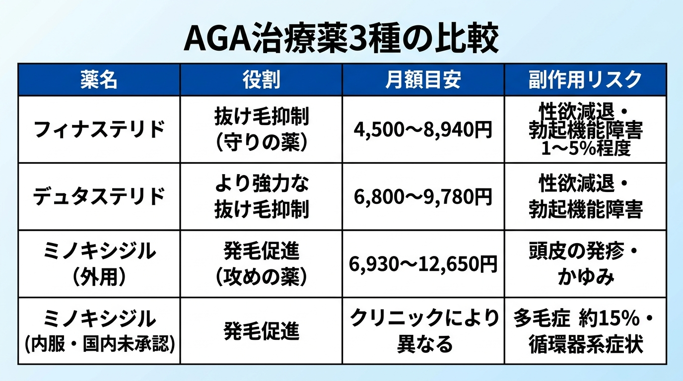 タイトル: AGA治療薬3種の比較。4列の表: ヘッダー行: 薬名 | 役割 | 月額目安 | 副作用リスク。行1: フィナステリド | 抜け毛抑制（守りの薬） | 4,500〜8,940円 | 性欲減退・勃起機能障害 1〜5%程度。行2: デュタステリド | より強力な抜け毛抑制 | 6,800〜9,780円 | 性欲減退・勃起機能障害。行3: ミノキシジル（外用） | 発毛促進（攻めの薬） | 6,930〜12,650円 | 頭皮の発疹・かゆみ。行4: ミノキシジル（内服・国内未承認） | 発毛促進 | クリニックにより異なる | 多毛症 約15%・循環器系症状