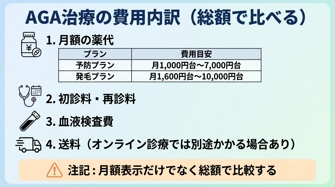 タイトル: AGA治療の費用内訳(総額で比べる)。縦並びリスト形式。項目1: 月額の薬代(予防プラン 月1,000円台〜7,000円台、発毛プラン 月1,600円台〜10,000円台)。項目2: 初診料・再診料。項目3: 血液検査費。項目4: 送料(オンライン診療では別途かかる場合あり)。注記: 月額表示だけでなく総額で比較する