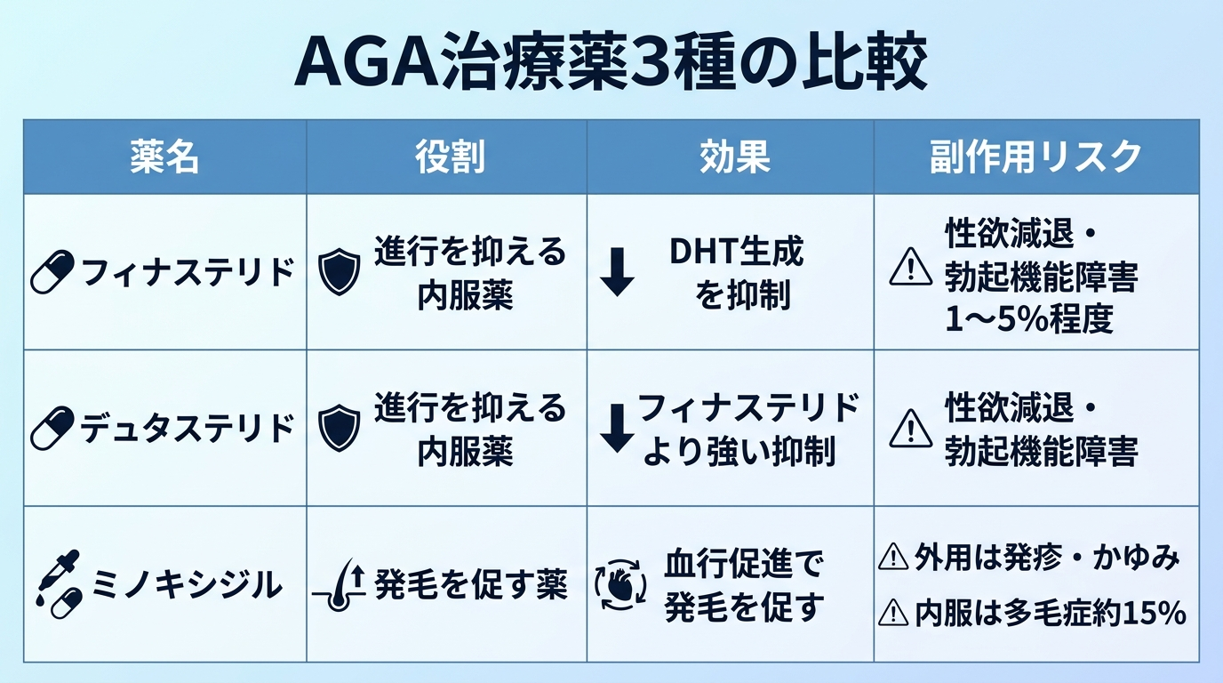タイトル: AGA治療薬3種の比較。4列の表: ヘッダー行: 薬名 | 役割 | 効果 | 副作用リスク。行1: フィナステリド | 進行を抑える内服薬 | DHT生成を抑制 | 性欲減退・勃起機能障害 1〜5%程度。行2: デュタステリド | 進行を抑える内服薬 | フィナステリドより強い抑制 | 性欲減退・勃起機能障害。行3: ミノキシジル | 発毛を促す薬 | 血行促進で発毛を促す | 外用は発疹・かゆみ、内服は多毛症約15%