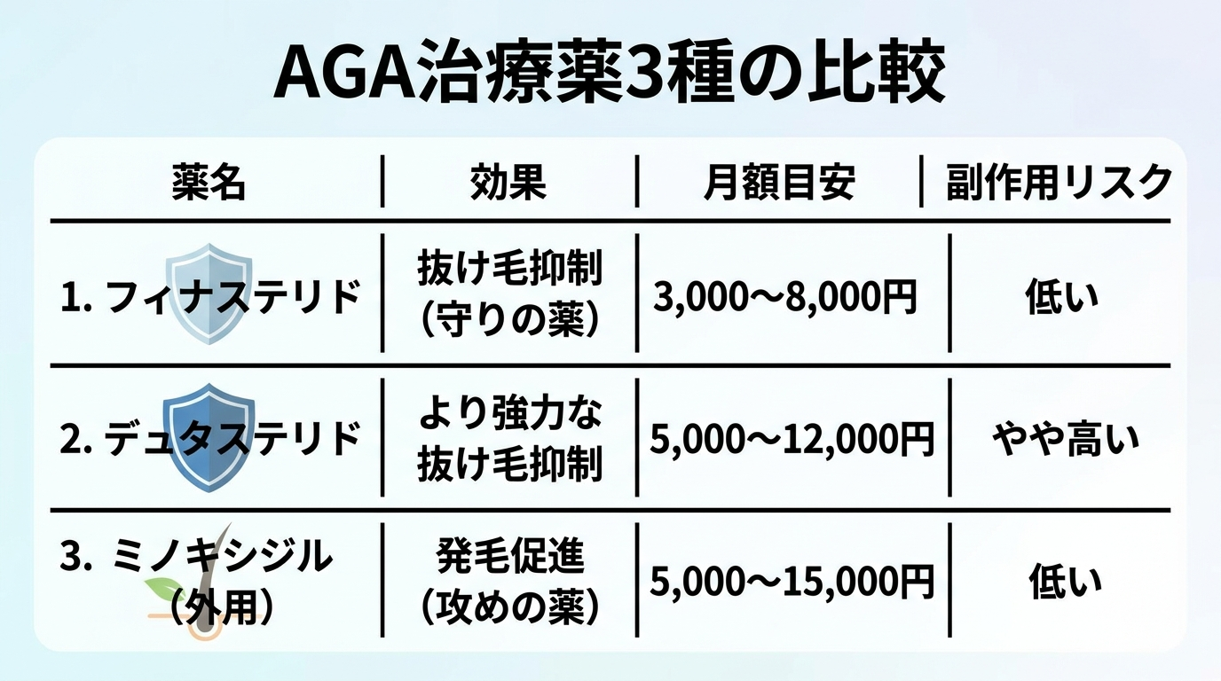 タイトル: AGA治療薬3種の比較。4列の表: ヘッダー行: 薬名 | 効果 | 月額目安 | 副作用リスク。行1: フィナステリド | 抜け毛抑制(守りの薬) | 3,000〜8,000円 | 低い。行2: デュタステリド | より強力な抜け毛抑制 | 5,000〜12,000円 | やや高い。行3: ミノキシジル(外用) | 発毛促進(攻めの薬) | 5,000〜15,000円 | 低い