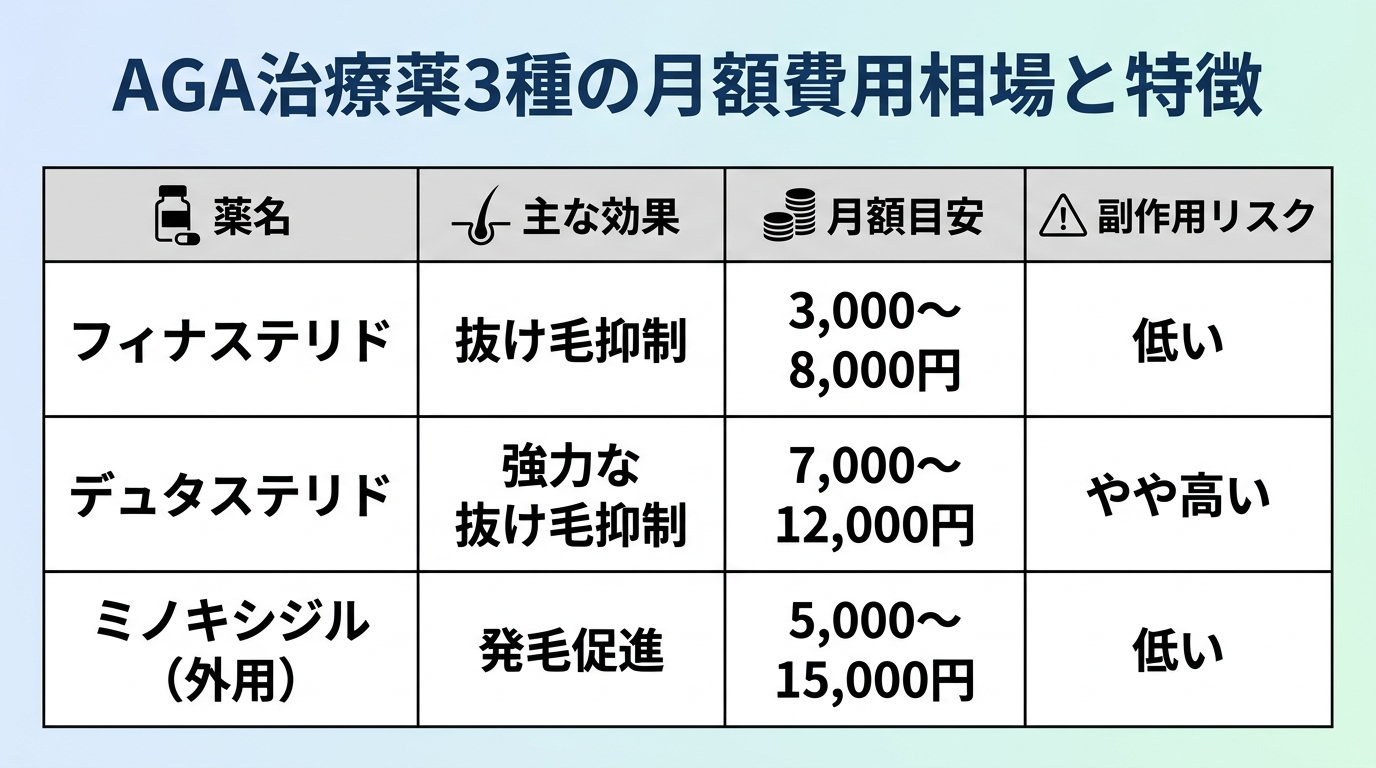 タイトル: AGA治療薬3種の月額費用相場と特徴。4列の比較表: ヘッダー行: 薬名 | 主な効果 | 月額目安 | 副作用リスク。行1: フィナステリド | 抜け毛抑制 | 3,000〜8,000円 | 低い。行2: デュタステリド | 強力な抜け毛抑制 | 7,000〜12,000円 | やや高い。行3: ミノキシジル（外用） | 発毛促進 | 5,000〜15,000円 | 低い