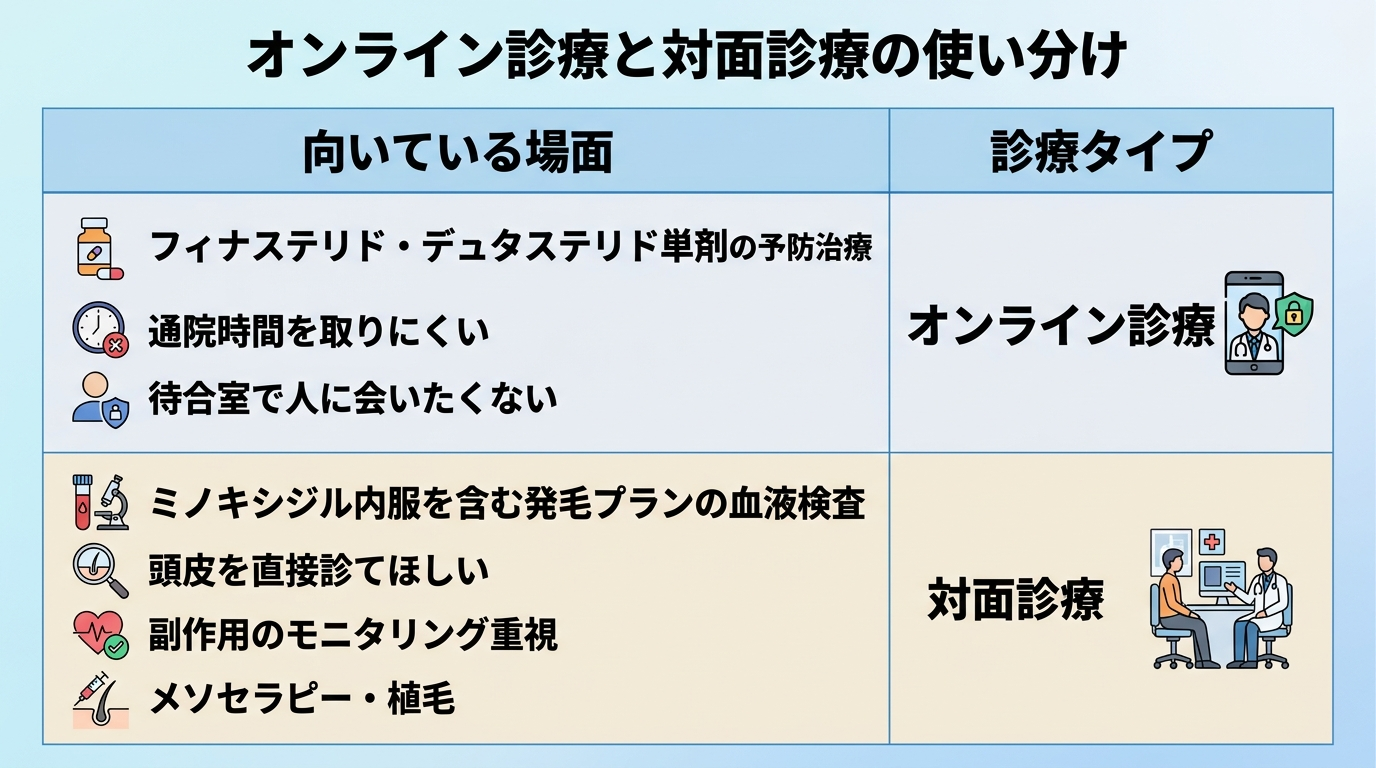 タイトル: オンライン診療と対面診療の使い分け。2列の比較表: ヘッダー行: 向いている場面 | 診療タイプ。行1: フィナステリド・デュタステリド単剤の予防治療、通院時間を取りにくい、待合室で人に会いたくない | オンライン診療。行2: ミノキシジル内服を含む発毛プランの血液検査、頭皮を直接診てほしい、副作用のモニタリング重視、メソセラピー・植毛 | 対面診療
