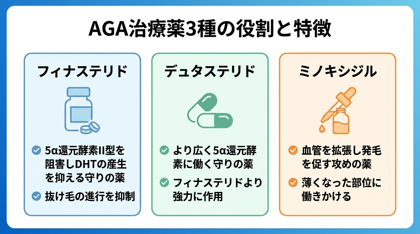 タイトル: AGA治療薬3種の役割と特徴。横並び3カードで: カード1（錠剤のアイコン）ヘッダー: フィナステリド、説明: 5α還元酵素II型を阻害しDHTの産生を抑える守りの薬。抜け毛の進行を抑制。カード2（カプセルのアイコン）ヘッダー: デュタステリド、説明: より広く5α還元酵素に働く守りの薬。フィナステリドより強力に作用。カード3（液体ボトルのアイコン）ヘッダー: ミノキシジル、説明: 血管を拡張し発毛を促す攻めの薬。薄くなった部位に働きかける