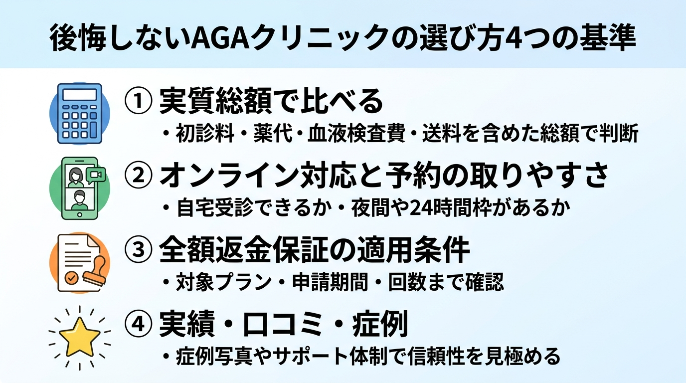 タイトル: 後悔しないAGAクリニックの選び方4つの基準。縦並び4項目のチェックリスト図。項目1(電卓のアイコン): 実質総額で比べる、説明: 初診料・薬代・血液検査費・送料を含めた総額で判断。項目2(ビデオ通話のアイコン): オンライン対応と予約の取りやすさ、説明: 自宅受診できるか・夜間や24時間枠があるか。項目3(書類のアイコン): 全額返金保証の適用条件、説明: 対象プラン・申請期間・回数まで確認。項目4(星のアイコン): 実績・口コミ・症例、説明: 症例写真やサポート体制で信頼性を見極める