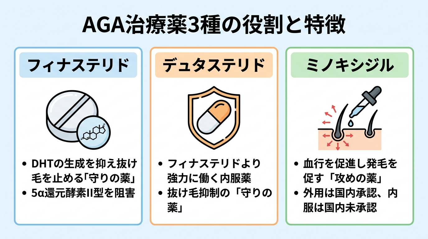 タイトル: AGA治療薬3種の役割と特徴。横並び3カードの比較図。カード1(錠剤のアイコン)ヘッダー: フィナステリド、説明: DHTの生成を抑え抜け毛を止める「守りの薬」。5α還元酵素II型を阻害。カード2(錠剤のアイコン)ヘッダー: デュタステリド、説明: フィナステリドより強力に働く内服薬。抜け毛抑制の「守りの薬」。カード3(塗り薬のアイコン)ヘッダー: ミノキシジル、説明: 血行を促進し発毛を促す「攻めの薬」。外用は国内承認、内服は国内未承認