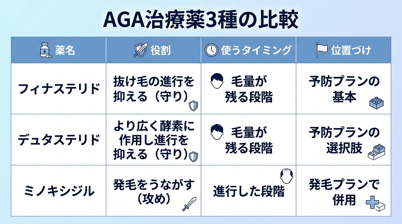 タイトル: AGA治療薬3種の比較。4列の表: ヘッダー行: 薬名 | 役割 | 使うタイミング | 位置づけ。行1: フィナステリド | 抜け毛の進行を抑える(守り) | 毛量が残る段階 | 予防プランの基本。行2: デュタステリド | より広く酵素に作用し進行を抑える(守り) | 毛量が残る段階 | 予防プランの選択肢。行3: ミノキシジル | 発毛をうながす(攻め) | 進行した段階 | 発毛プランで併用。