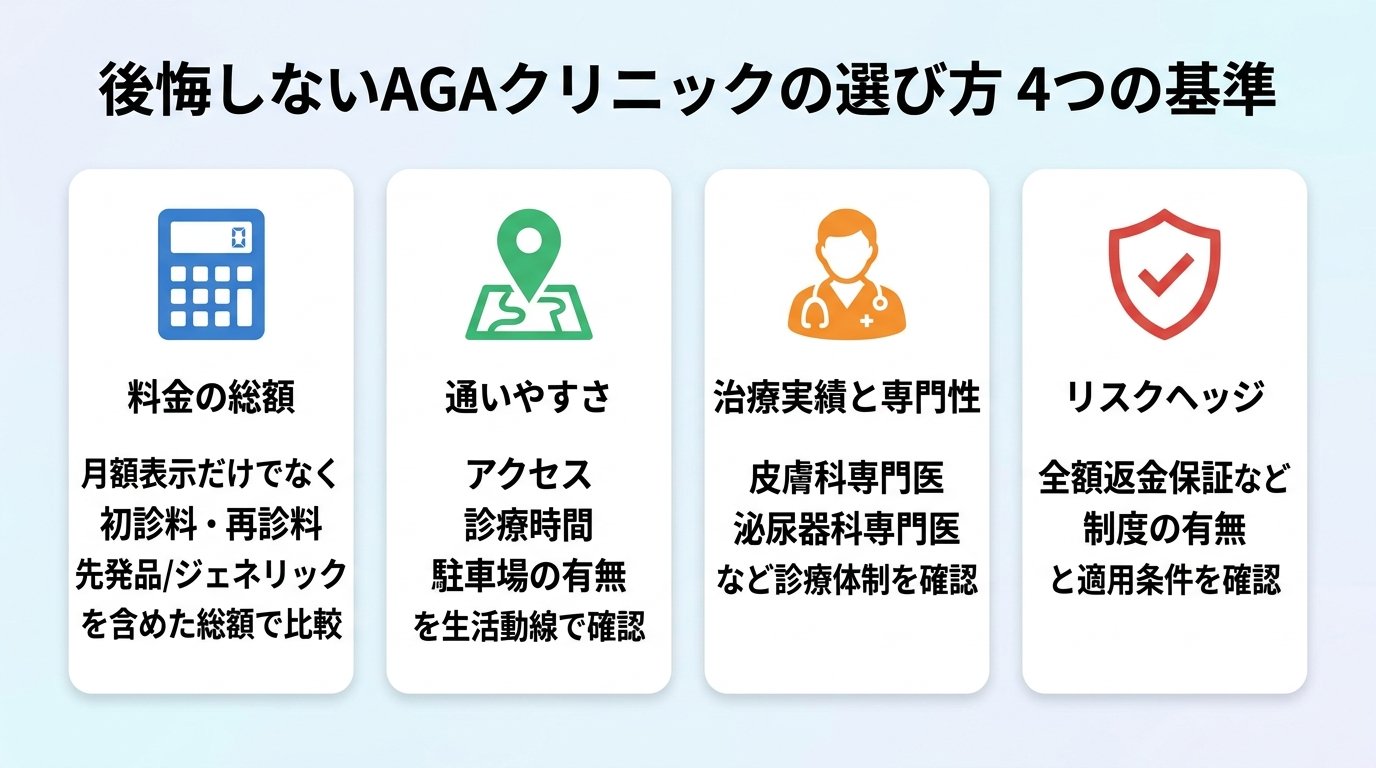 タイトル: 後悔しないAGAクリニックの選び方 4つの基準。横並び4カードで: カード1（電卓のアイコン）料金の総額: 月額表示だけでなく初診料・再診料・先発品/ジェネリックを含めた総額で比較。カード2（地図ピンのアイコン）通いやすさ: アクセス・診療時間・駐車場の有無を生活動線で確認。カード3（医師のアイコン）治療実績と専門性: 皮膚科専門医・泌尿器科専門医など診療体制を確認。カード4（盾のアイコン）リスクヘッジ: 全額返金保証など制度の有無と適用条件を確認