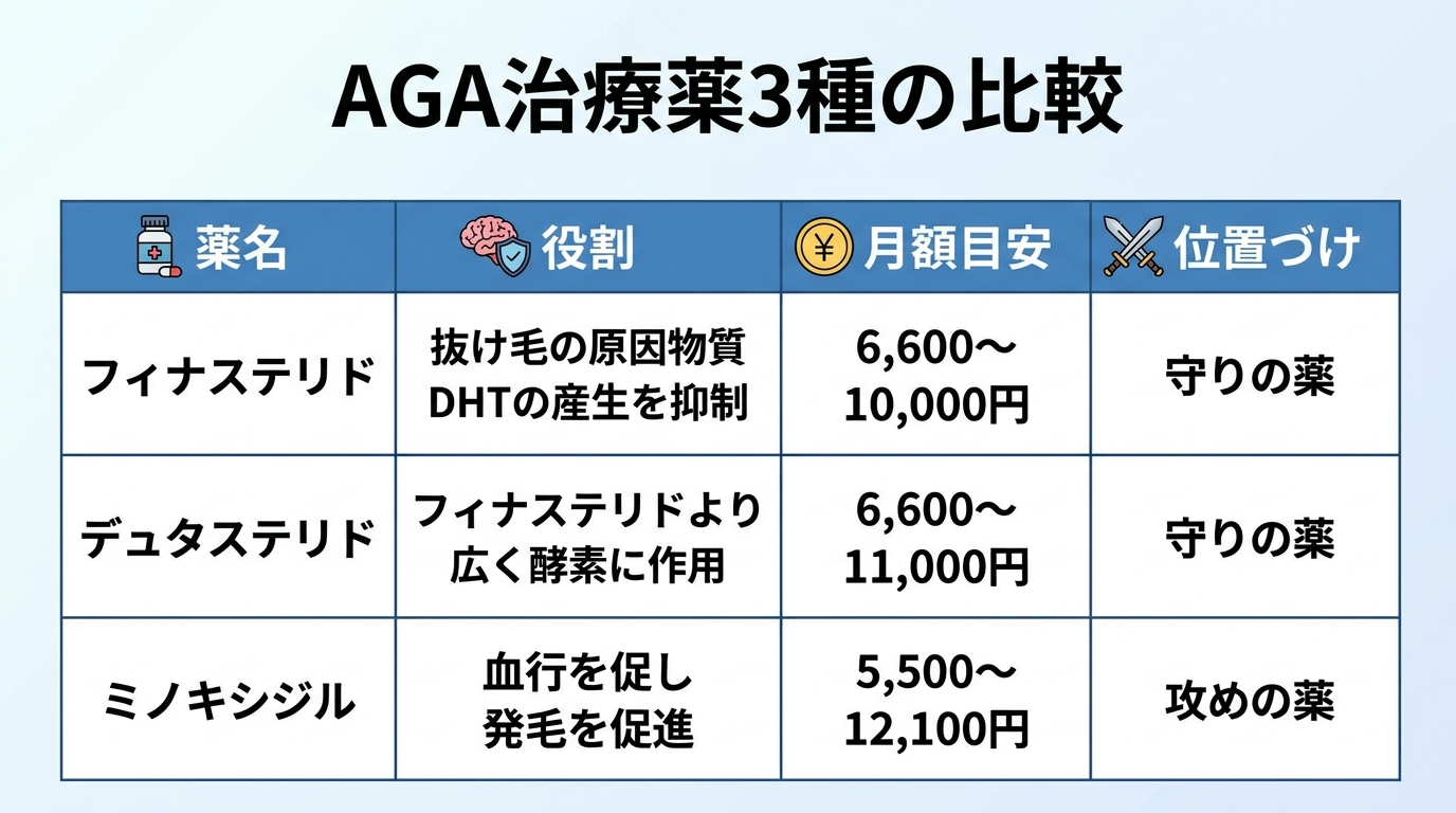 タイトル: AGA治療薬3種の比較。4列の表: ヘッダー行: 薬名 | 役割 | 月額目安 | 位置づけ。行1: フィナステリド | 抜け毛の原因物質DHTの産生を抑制 | 6,600〜10,000円 | 守りの薬。行2: デュタステリド | フィナステリドより広く酵素に作用 | 6,600〜11,000円 | 守りの薬。行3: ミノキシジル | 血行を促し発毛を促進 | 5,500〜12,100円 | 攻めの薬