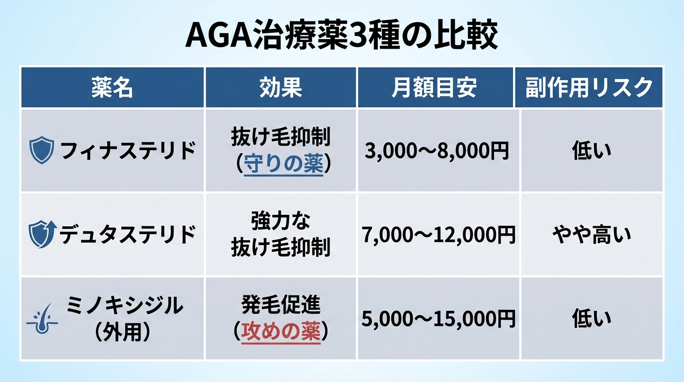 タイトル: AGA治療薬3種の比較。4列の表: ヘッダー行: 薬名 | 効果 | 月額目安 | 副作用リスク。行1: フィナステリド | 抜け毛抑制（守りの薬） | 3,000〜8,000円 | 低い。行2: デュタステリド | 強力な抜け毛抑制 | 7,000〜12,000円 | やや高い。行3: ミノキシジル（外用） | 発毛促進（攻めの薬） | 5,000〜15,000円 | 低い