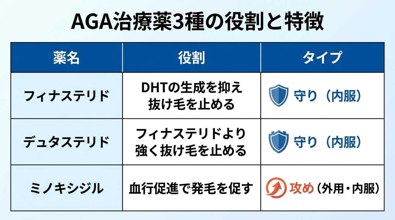 タイトル: AGA治療薬3種の役割と特徴。3列の表: ヘッダー行: 薬名 | 役割 | タイプ。行1: フィナステリド | DHTの生成を抑え抜け毛を止める | 守り（内服）。行2: デュタステリド | フィナステリドより強く抜け毛を止める | 守り（内服）。行3: ミノキシジル | 血行促進で発毛を促す | 攻め（外用・内服）