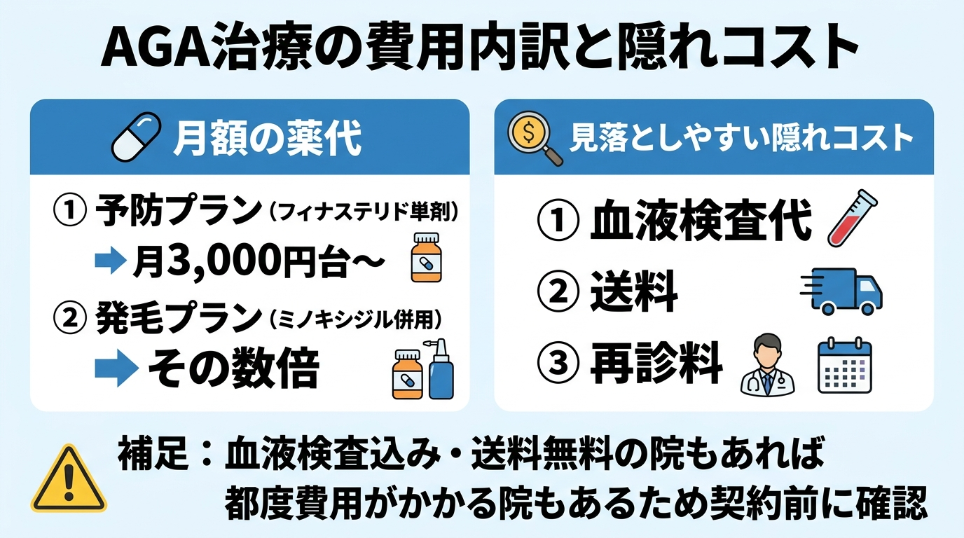 タイトル: AGA治療の費用内訳と隠れコスト。2つのブロックで構成: ブロック1『月額の薬代』予防プラン(フィナステリド単剤)月3,000円台〜、発毛プラン(ミノキシジル併用)はその数倍。ブロック2『見落としやすい隠れコスト』血液検査代、送料、再診料。補足: 血液検査込み・送料無料の院もあれば都度費用がかかる院もあるため契約前に確認
