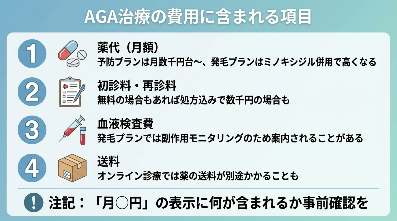 タイトル: AGA治療の費用に含まれる項目。縦並びのチェックリスト型インフォグラフィック。項目1(薬のアイコン): 薬代(月額)- 予防プランは月数千円台〜、発毛プランはミノキシジル併用で高くなる。項目2(問診票のアイコン): 初診料・再診料 - 無料の場合もあれば処方込みで数千円の場合も。項目3(採血のアイコン): 血液検査費 - 発毛プランでは副作用モニタリングのため案内されることがある。項目4(配送ボックスのアイコン): 送料 - オンライン診療では薬の送料が別途かかることも。下部に注記: 「月◯円」の表示に何が含まれるか事前確認を