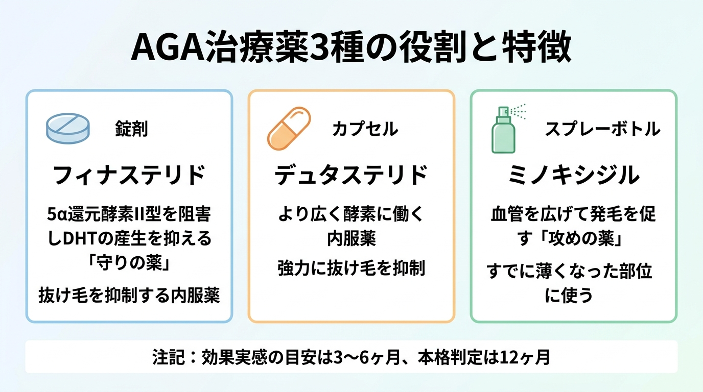 タイトル: AGA治療薬3種の役割と特徴。横並び3カード型インフォグラフィック。カード1(錠剤のアイコン)ヘッダー: フィナステリド、説明: 5α還元酵素II型を阻害しDHTの産生を抑える「守りの薬」。抜け毛を抑制する内服薬。カード2(カプセルのアイコン)ヘッダー: デュタステリド、説明: より広く酵素に働く内服薬。強力に抜け毛を抑制。カード3(スプレーボトルのアイコン)ヘッダー: ミノキシジル、説明: 血管を広げて発毛を促す「攻めの薬」。すでに薄くなった部位に使う。下部に注記: 効果実感の目安は3〜6ヶ月、本格判定は12ヶ月