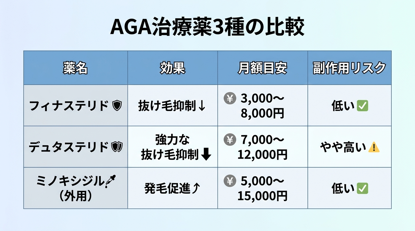 タイトル: AGA治療薬3種の比較。4列の表: ヘッダー行: 薬名 | 効果 | 月額目安 | 副作用リスク。行1: フィナステリド | 抜け毛抑制 | 3,000〜8,000円 | 低い。行2: デュタステリド | 強力な抜け毛抑制 | 7,000〜12,000円 | やや高い。行3: ミノキシジル(外用) | 発毛促進 | 5,000〜15,000円 | 低い