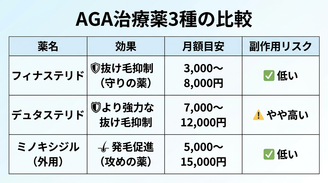 タイトル: AGA治療薬3種の比較。4列の表: ヘッダー行: 薬名 | 効果 | 月額目安 | 副作用リスク。行1: フィナステリド | 抜け毛抑制（守りの薬） | 3,000〜8,000円 | 低い。行2: デュタステリド | より強力な抜け毛抑制 | 7,000〜12,000円 | やや高い。行3: ミノキシジル（外用） | 発毛促進（攻めの薬） | 5,000〜15,000円 | 低い