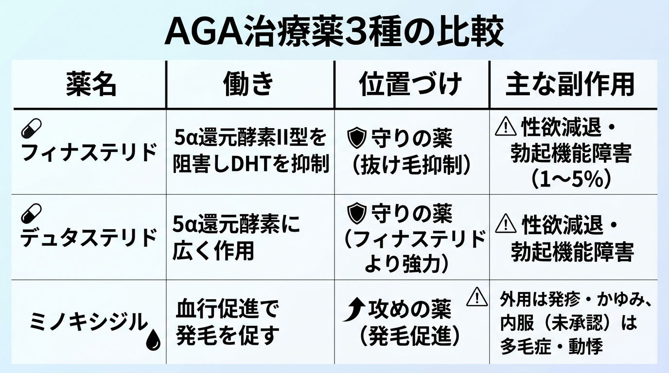 タイトル: AGA治療薬3種の比較。4列の表。ヘッダー行: 薬名 | 働き | 位置づけ | 主な副作用。行1: フィナステリド | 5α還元酵素II型を阻害しDHTを抑制 | 守りの薬(抜け毛抑制) | 性欲減退・勃起機能障害(1〜5%)。行2: デュタステリド | 5α還元酵素に広く作用 | 守りの薬(フィナステリドより強力) | 性欲減退・勃起機能障害。行3: ミノキシジル | 血行促進で発毛を促す | 攻めの薬(発毛促進) | 外用は発疹・かゆみ、内服(未承認)は多毛症・動悸