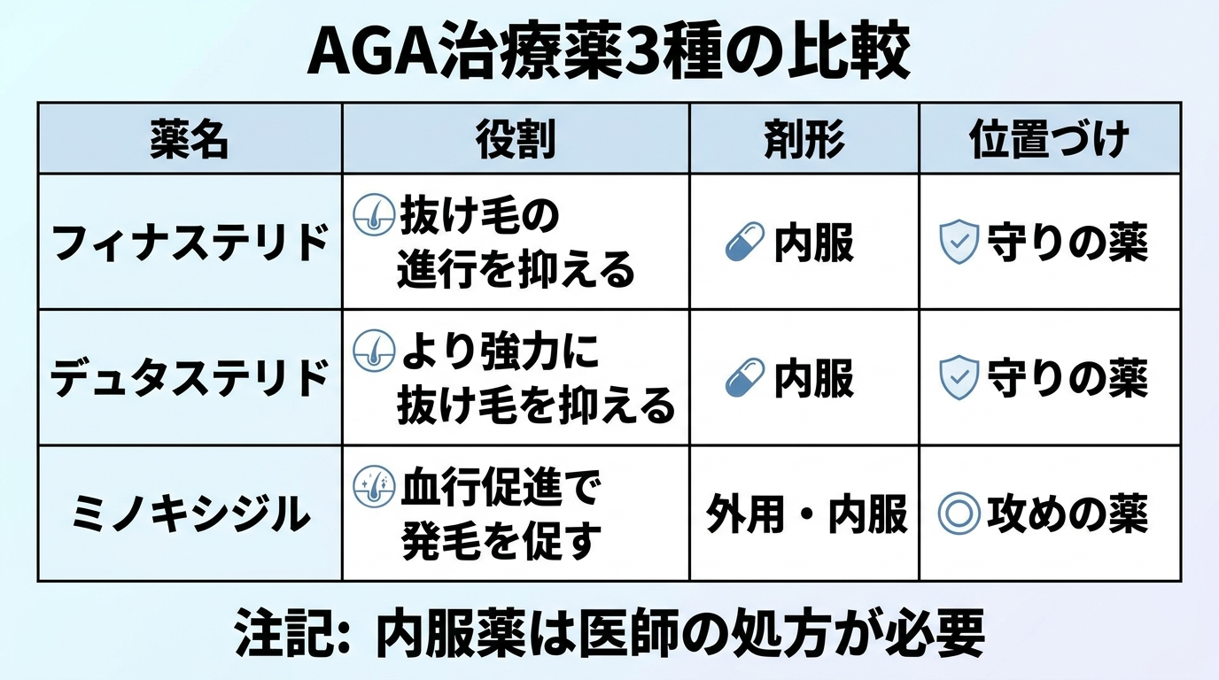 タイトル: AGA治療薬3種の比較。4列の表: ヘッダー行: 薬名 | 役割 | 剤形 | 位置づけ。行1: フィナステリド | 抜け毛の進行を抑える | 内服 | 守りの薬。行2: デュタステリド | より強力に抜け毛を抑える | 内服 | 守りの薬。行3: ミノキシジル | 血行促進で発毛を促す | 外用・内服 | 攻めの薬。下部に注記: 内服薬は医師の処方が必要