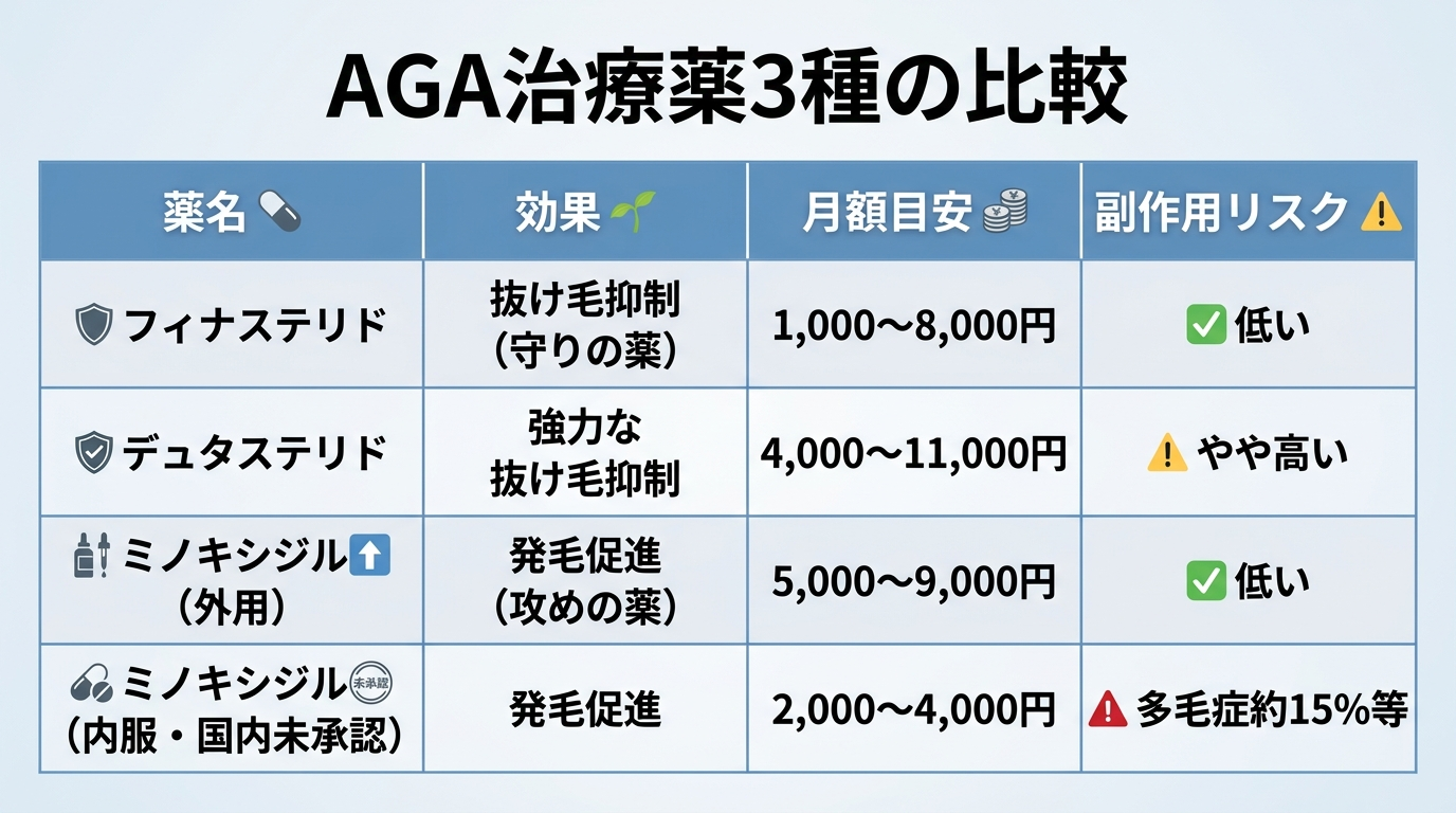 タイトル: AGA治療薬3種の比較。4列の表: ヘッダー行: 薬名 | 効果 | 月額目安 | 副作用リスク。行1: フィナステリド | 抜け毛抑制（守りの薬） | 1,000〜8,000円 | 低い。行2: デュタステリド | 強力な抜け毛抑制 | 4,000〜11,000円 | やや高い。行3: ミノキシジル（外用） | 発毛促進（攻めの薬） | 5,000〜9,000円 | 低い。行4: ミノキシジル（内服・国内未承認） | 発毛促進 | 2,000〜4,000円 | 多毛症約15%等