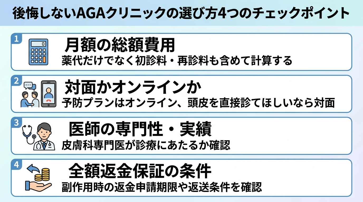タイトル: 後悔しないAGAクリニックの選び方4つのチェックポイント。縦並び4項目のチェックリスト: 項目1（電卓のアイコン）月額の総額費用: 薬代だけでなく初診料・再診料も含めて計算する。項目2（対面とスマホのアイコン）対面かオンラインか: 予防プランはオンライン、頭皮を直接診てほしいなら対面。項目3（医師のアイコン）医師の専門性・実績: 皮膚科専門医が診療にあたるか確認。項目4（返金のアイコン）全額返金保証の条件: 副作用時の返金申請期限や返送条件を確認