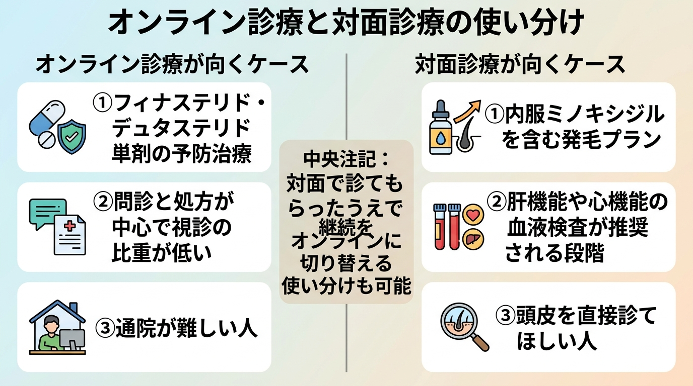 タイトル: オンライン診療と対面診療の使い分け。2列の比較インフォグラフィック。左カラム「オンライン診療が向くケース」: フィナステリド・デュタステリド単剤の予防治療、問診と処方が中心で視診の比重が低い、通院が難しい人。右カラム「対面診療が向くケース」: 内服ミノキシジルを含む発毛プラン、肝機能や心機能の血液検査が推奨される段階、頭皮を直接診てほしい人。中央注記: 対面で診てもらったうえで継続をオンラインに切り替える使い分けも可能