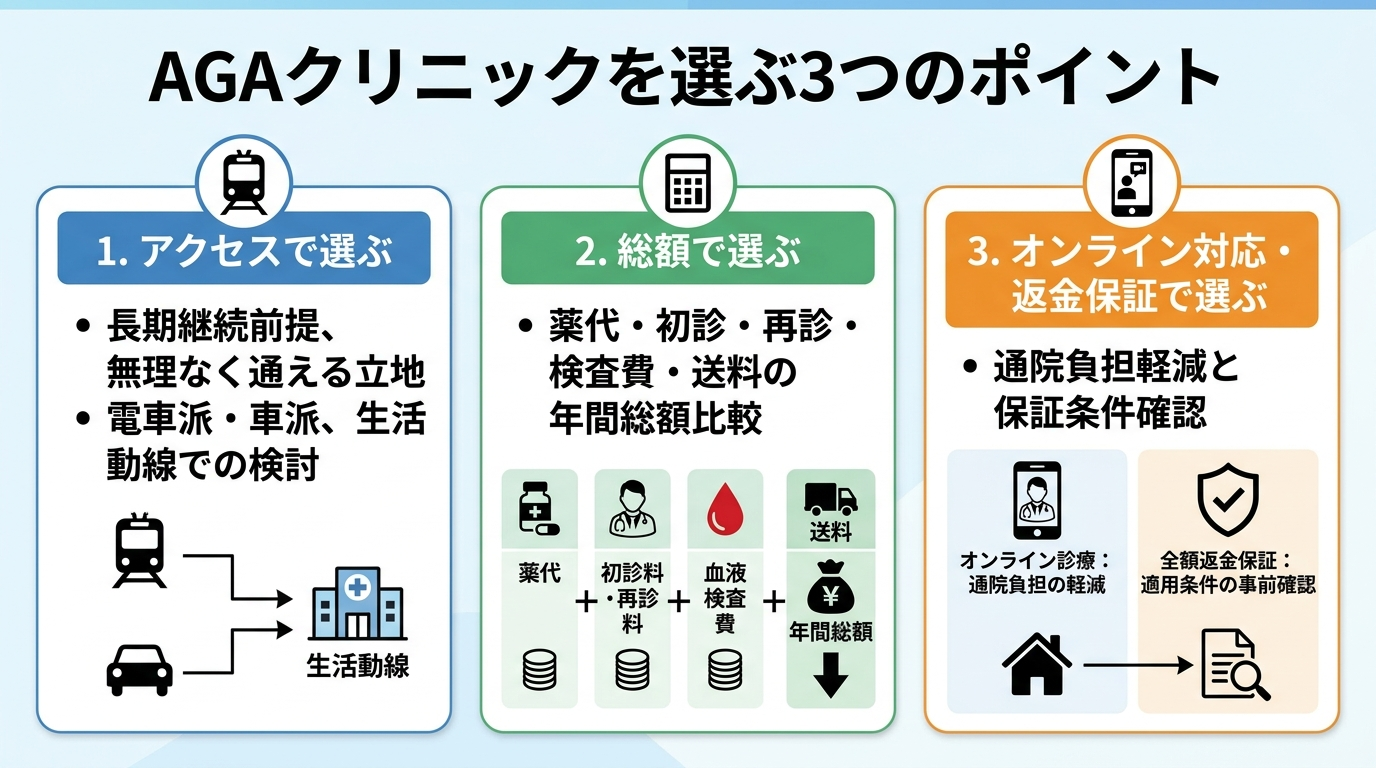 タイトル: AGAクリニックを選ぶ3つのポイント。横並び3カードで図解: カード1(電車のアイコン)アクセスで選ぶ: 長期継続が前提のため無理なく通える立地か。電車派か車派か生活動線で選ぶ。カード2(電卓のアイコン)総額で選ぶ: 薬代だけでなく初診料・再診料・血液検査費・送料を含めた年間総額で比較。カード3(スマホのアイコン)オンライン対応・返金保証で選ぶ: 通院負担を減らせるか、返金保証の適用条件を確認。