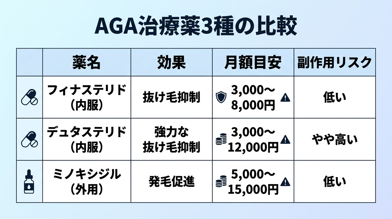タイトル: AGA治療薬3種の比較。4列の表: ヘッダー行: 薬名 | 効果 | 月額目安 | 副作用リスク。行1: フィナステリド(内服) | 抜け毛抑制 | 3,000〜8,000円 | 低い。行2: デュタステリド(内服) | 強力な抜け毛抑制 | 3,000〜12,000円 | やや高い。行3: ミノキシジル(外用) | 発毛促進 | 5,000〜15,000円 | 低い