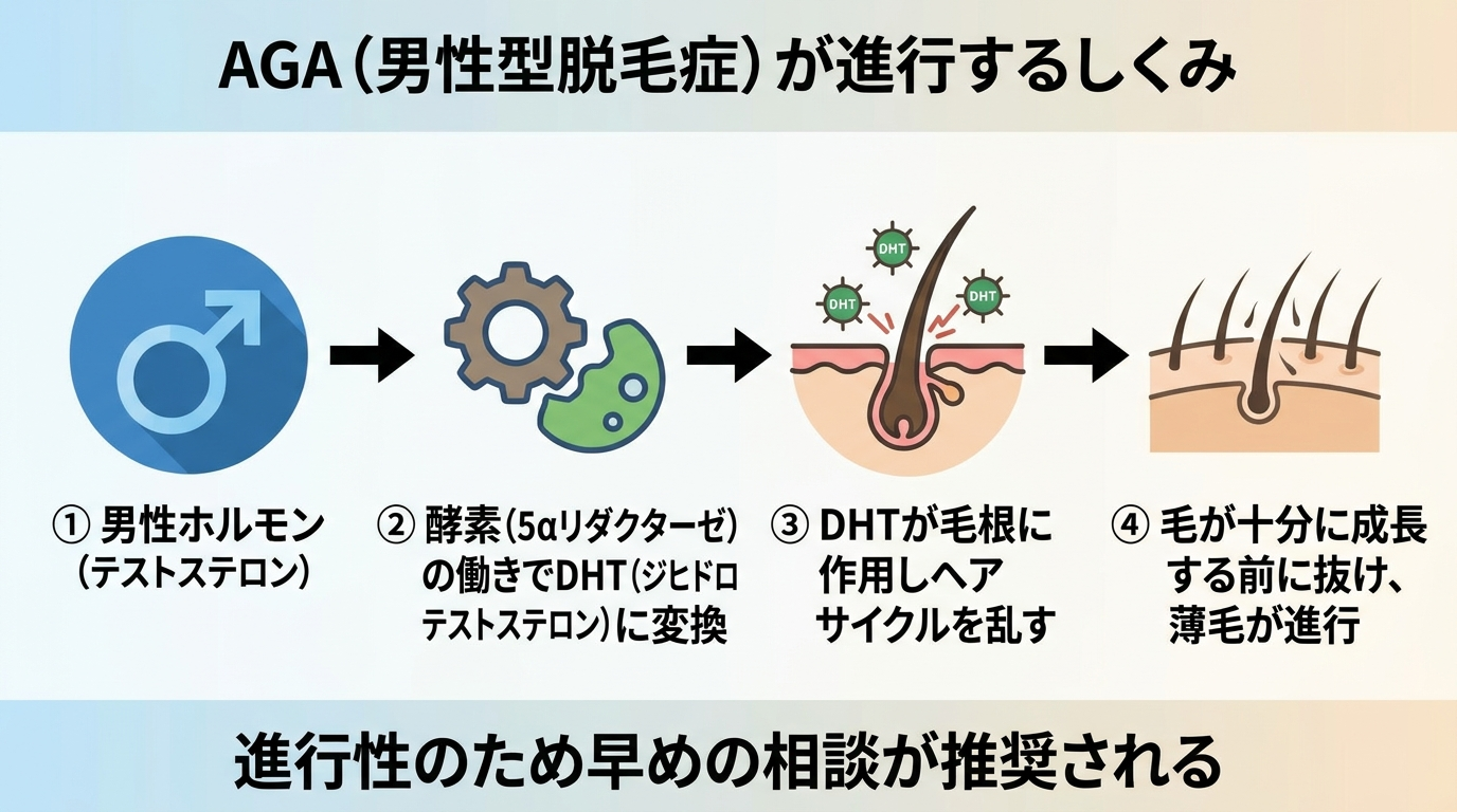 タイトル: AGA(男性型脱毛症)が進行するしくみ。横フロー図で図解: ステップ1: 男性ホルモン(テストステロン)。→ステップ2: 酵素(5αリダクターゼ)の働きでDHT(ジヒドロテストステロン)に変換。→ステップ3: DHTが毛根に作用しヘアサイクルを乱す。→ステップ4: 毛が十分に成長する前に抜け、薄毛が進行。下部に注記: 進行性のため早めの相談が推奨される。
