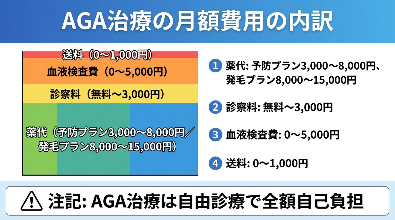 タイトル: AGA治療の月額費用の内訳。円グラフまたは積み上げ図で費用構成を可視化: 薬代（予防プラン3,000〜8,000円／発毛プラン8,000〜15,000円）+ 診察料（無料〜3,000円）+ 血液検査費（0〜5,000円）+ 送料（0〜1,000円）。注記: AGA治療は自由診療で全額自己負担。