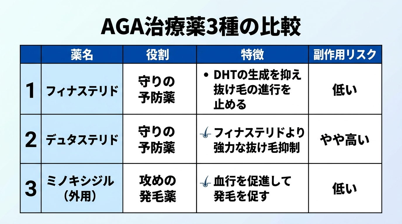 タイトル: AGA治療薬3種の比較。4列の表: ヘッダー行: 薬名 | 役割 | 特徴 | 副作用リスク。行1: フィナステリド | 守りの予防薬 | DHTの生成を抑え抜け毛の進行を止める | 低い。行2: デュタステリド | 守りの予防薬 | フィナステリドより強力な抜け毛抑制 | やや高い。行3: ミノキシジル（外用） | 攻めの発毛薬 | 血行を促進して発毛を促す | 低い。