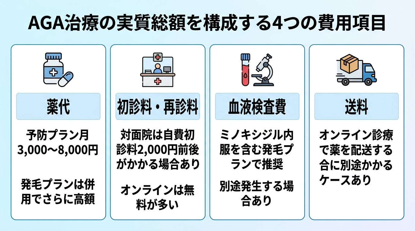 タイトル: AGA治療の実質総額を構成する4つの費用項目。横並び4カードで: カード1（薬のアイコン）ヘッダー: 薬代、説明: 予防プラン月3,000〜8,000円、発毛プランは併用でさらに高額。カード2（受付のアイコン）ヘッダー: 初診料・再診料、説明: 対面院は自費初診料2,000円前後がかかる場合あり、オンラインは無料が多い。カード3（採血のアイコン）ヘッダー: 血液検査費、説明: ミノキシジル内服を含む発毛プランで推奨、別途発生する場合あり。カード4（配送のアイコン）ヘッダー: 送料、説明: オンライン診療で薬を配送する場合に別途かかるケースあり